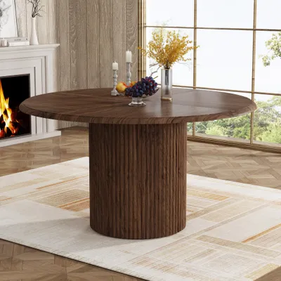 Obrázek produktu pro Kulatý jídelní stůl o průměru 120 cm, určený pro 4 osoby, s kovovou konstrukcí, moderní kulatý jídelní stůl, kuchyňský stůl vhodný do jídelny, kuchyně nebo obývacího pokoje, barva tmavě hnědá