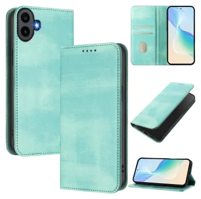 A collage of images showcasing a turquoise flip phone case from multiple angles, including close-ups and a view of the phone inside.