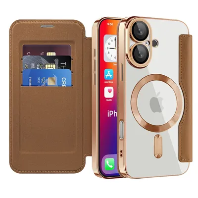 Produktbild von Klapphülle für iPhone 16 Kompatibel mit Magsafe, Klar Überzug Kartenhalter Ledertasche mit Kameraschutz Braun