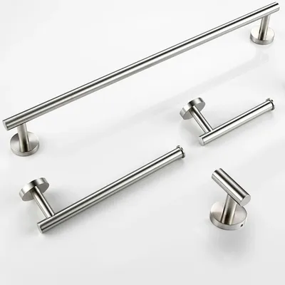 Produktbild von Badaccessoires - 4-teiliges Set - Handtuchstange Haken WC-Papierhalter - Edelstahl - Gebürstete Oberfläche - Wandmontage - Silber gebürstet