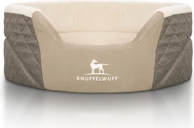 Produktbild von Knuffelwuff Orthopädisches Hundebett Lena aus Velours und Kunstleder mit hohem Schaumstoffrand M-L 70 x 50cm Braun/Beige