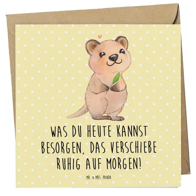 Produktbild von Mr. & Mrs. Panda Glückwunschkarte Quokka Happy - Gelb Pastell - Geschenk, Aufschieberitis, Grußkarte, anlasskarte, faltkarte, Verschieben, Lustige Sprüche, Klappkarte