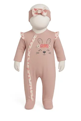 Produktbild von Baby Mädchen Strampler mit Fuß + Stirnband, 100% Baumwolle, Größe: 56, Farbe: Beige