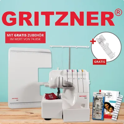 A marketing image for a GRITZNER sewing machine, showcasing the product and included accessories with promotional text.