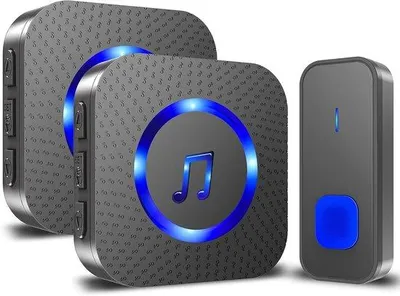 Zdjęcie produktu dla Bezprzewodowy dzwonek do drzwi z obsługą wielu pomieszczeń – zasięg 400 m, wodoodporny – 55 melodii z migającym diodem LED – 1 przycisk i 2 odbiorniki – biały/czarny – 1 zestaw