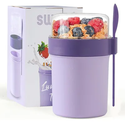 Obrázek produktu pro Sada na müsli s lžičkou, vhodná na cesty, s těsným víkem, objem 560 ml + 220 ml, bez BPA, barva: sytě fialová