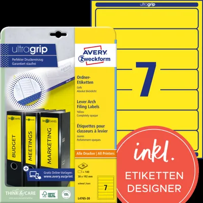 Obrázok produktu pre Avery Zweckform® L4765-20 L4765-20 Etikety na zakladače - úzke/krátke, (A4 - 20 listov), 140 kusov, žltá