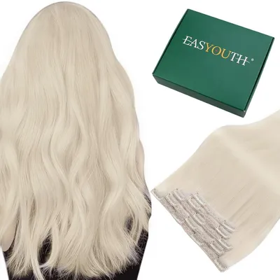 Zdjęcie produktu dla Pasemka do włosów typu clip-in, naturalne włosy blond, Remy, włosy ludzkie, 5 sztuk, 35 cm, 70 g