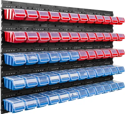 Immagine prodotto di Scatole impilabili Pannelli a parete con scatole Scaffale di smistamento 60 pz. Scatola con coperchio Scaffale a parete 120 x 80 cm Scaffale a parete per officina Scaffale a scivolo Coperchio trasparente Contenitori a giorno Sistema di stoccaggio in plastica
