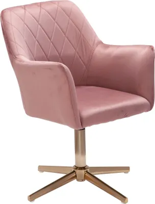 A pink velvet swivel chair with a gold base.