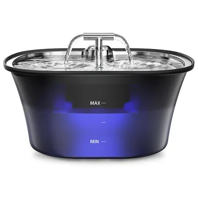 Produktbild von Katzenbrunnen, Trinkbrunnen 2,5L, Ultra leise Eingebautes LED und Aktivkohlefilter, Leicht zu Reinigen, Doppelauslauf-Design Edelstahl Trinktablett