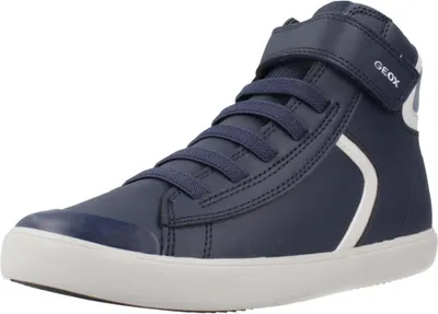 A single blue high-top sneaker with white accents and a white sole, shown from a side angle against a white background.