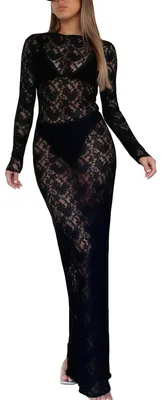Immagine prodotto di Solidchoice - Abito lungo elegante con maniche lunghe e motivo floreale