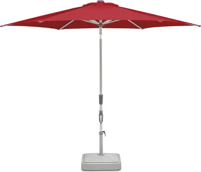 A red patio umbrella with a gray pole and base, isolated on a white background.