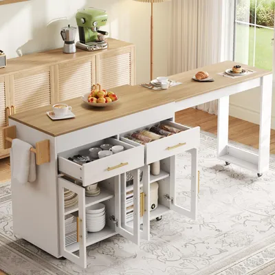 Produktbild von MODFU Kücheninsel mit Arbeitsplatte,Ausziehbarer Esstisch Weiß,Küchenwagen mit Rollen und Schränke,132,5–217 × 50 × 93 cm