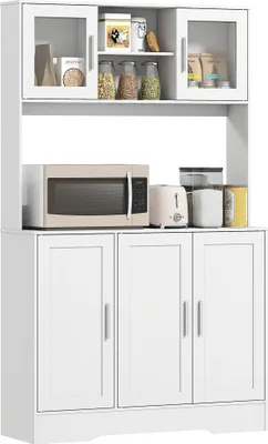 Image de Armoire de cuisine - Buffet de cuisine - 2 portes vitrées - Grand espace de rangement pour micro-ondes - Compartiments ouverts - Étagères réglables - 108 × 35 × 180 cm - Blanc