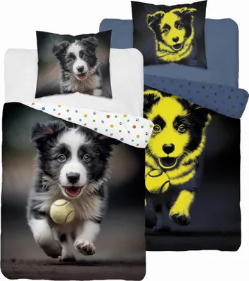 Produktbild von Im Dunkeln leuchtende Bettwäsche 140x200 Border Collie Hund mit Ball
