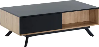Couchtisch 110x60x38cm MDF Eiche-Dekor Schwarz mit offener Ablage in Gesamtansicht von vorne.
