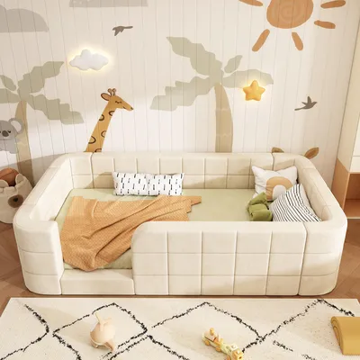 Immagine prodotto di Letto per bambini 90x200 cm, con struttura imbottita, bordi protettivi perimetrali e accesso facilitato, rivestito in morbida microfibra, completo di rete a doghe, colore beige