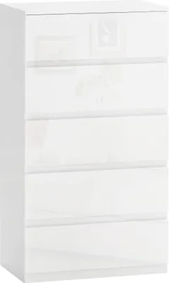 Image de Commode - 5 tiroirs - Dispositif anti-basculement - 55 × 33 × 100 cm - À monter soi-même - Blanc brillant