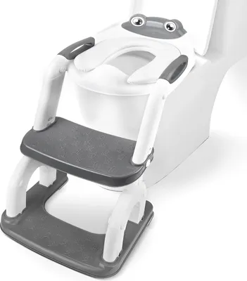 Image de Siège de toilettes pour enfants avec échelle - Pot d'apprentissage - 2 en 1 - Réglable en hauteur - Siège rembourré - Pliable - Repose-pieds antidérapant - Gris
