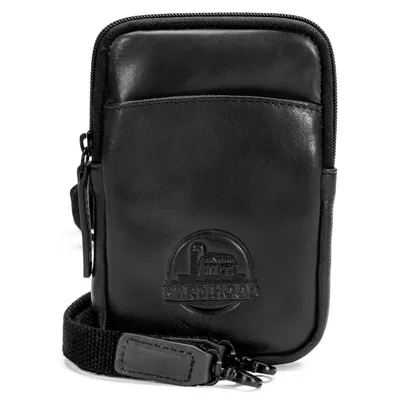 A black leather phone bag with a strap, shown against a white background.