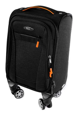 A black rolling suitcase with orange accents, shown from a three-quarter angle against a white background.