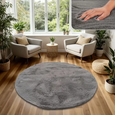 Produktbild von TT Home Hochflor Teppich Schlafzimmer Shaggy Kunstfell Flauschig Kaninchenfell Imitat In Dunkelgrau Größe 120 cm Rund
