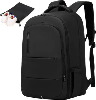 Image de Sac à dos imperméable pour ordinateur 17,3 pouces - Pour hommes et femmes - Avec compartiment à chaussures - Noir - Pour le travail, la randonnée, les voyages