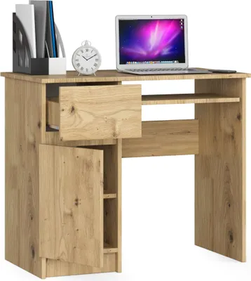 A product shot of a wooden desk with a laptop, clock, and file holder on top.