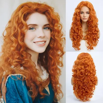 Imagen del producto de Peluca rizada de 60 cm, color naranja-rojo, que cubre toda la cabeza. Ideal para cosplay y fiestas. Fabricada con materiales de alta calidad. Peluca para cosplay