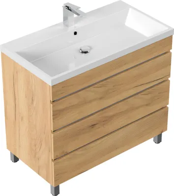 Produktbild von Stand Badmöbel Via 90 SoftClose eiche gold mit drei grifflosen Schubladen : Eiche Gold Varianten: Eiche Gold