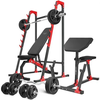 Image de Marbo Sport ensemble MH10_166KG_KIER | banc de musculation MH-L114 + support pour haltères longs MH-S204 + banc Scott MH-L105 + ensemble de disques d'haltères 113 kg