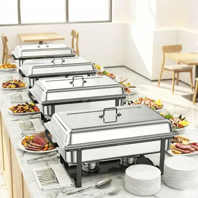 Obrázok produktu pre Súprava na bufet Chafing Dish – ohrievač jedál – balenie po 4 kusoch – 10 l – nerezová oceľ – panvica v plnej veľkosti – strieborná