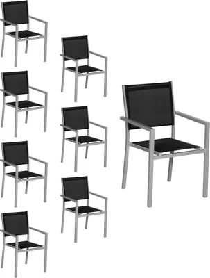 Produktbild von 8er Set Stühle aus grauem Aluminium - schwarzes Textilene