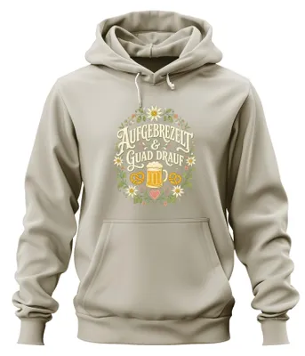 Productafbeelding van "Aufgebrezelt & Guad Drauf" , traditionele lederen broek, hoodie, capuchontrui, natuur, maat XL