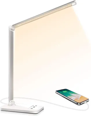 Produktbild von LED-Schreibtischlampe – 5 Farben + 10 Helligkeitsstufen, Touch-Steuerung, Augenschutz, USB-Anschluss, Timer