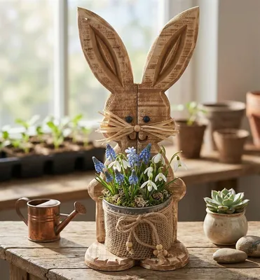 Image de Figurine décorative "Lapin" en bois, aspect shabby, avec pot à plantes en métal, décoration de Pâques, décoration de table, lapin de Pâques, décoration en bois