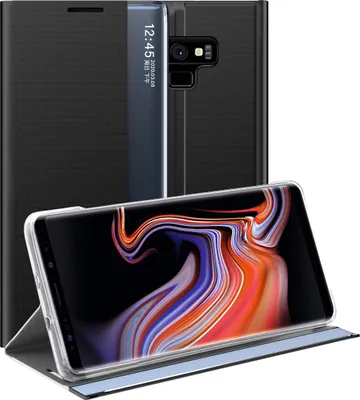 A black flip case for a Samsung Galaxy Note 9 is shown with the phone inside and the screen displaying a colorful abstract image. The case is partially open, revealing the phone and a transparent window on the front cover.