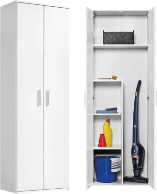 Produktbild von mokebo® Mehrzweckschrank o. Besenschrank 'Der Lange', auch als Haushaltsschrank o. Putzschrank mit Staubsaugerfach für Akkustaubsauger (Max. 141x26x34 cm) in Weiß aus Holz in 60x180x34 (B/H/T in cm)