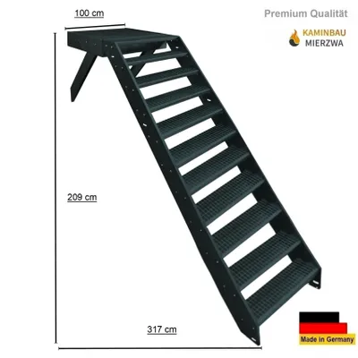 Produktbild von Podesttreppe Stahltreppe 11 Stufen Höhe 209cm mit Podest 100x100cm ohne Geländer Anthrazit / Ausrichtung Treppe Vorne (Front) Aussentreppe