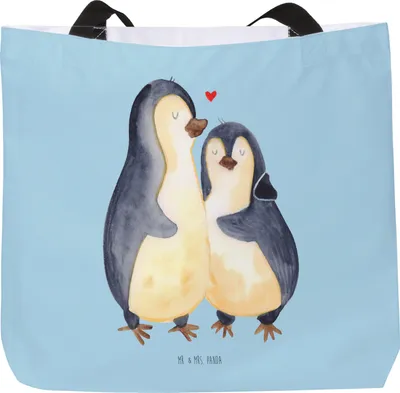 Produktbild von Mr. & Mrs. Panda Tote Bag Pinguin umarmen - Eisblau - Geschenk, Hochzeit, Beutel, Unitasche, Liebe, Verknallt, Strandtasche, glücklich, Schultasche, Umarmung, Verliebt