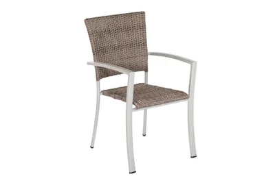 A single outdoor chair with a woven seat and backrest and a silver metal frame, isolated on a white background.