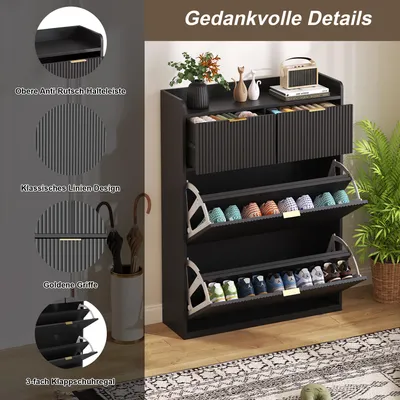 Zdjęcie produktu dla UnboxG Szafka na buty wąska z 2 szufladami, 110 x 24 x 80 cm na 9 par butów z 2 otwartymi półkami, szafka na buty czarna, wywrotka na buty, szafka na buty do przedpokoju, oszczędność miejsca