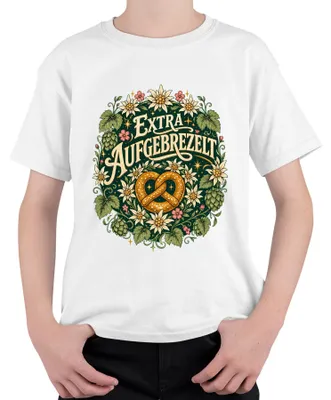 Produktbild von Extra Aufgebrezelt Brezel Edelweiß Lederhose Dirndl Kinder T-Shirt, Weiß, 152
