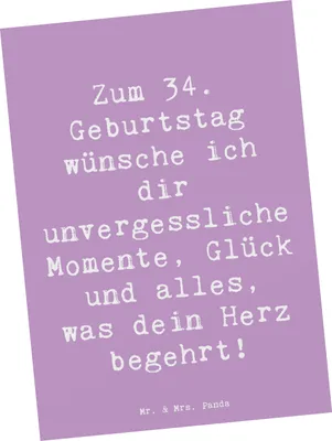 Produktbild von Mr. & Mrs. Panda Postkarte Spruch 34. Geburtstag Glückwünsche - Lavendeltraum - Geschenk, unvergessliche Momente, Happy Birthday, Ansichtskarten, Freude, Ansichtskarte