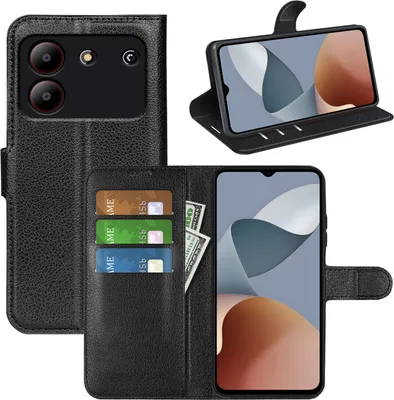 A collage of images showing a black leather wallet-style phone case for a ZTE Blade A54, with the phone inserted and open, as well as a separate view of the case.