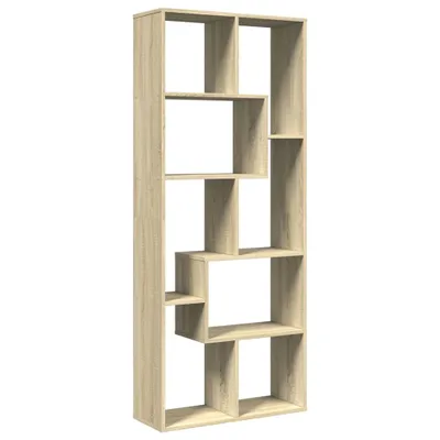A tall, narrow bookshelf with multiple compartments of varying sizes, shown against a white background.