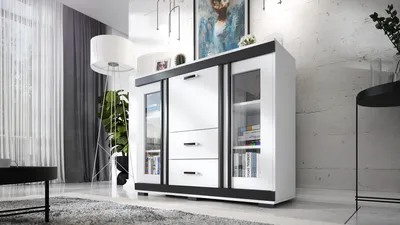 Produktbild von Kombikommode L13, 2 Vitrinentüren, 2 Schubkästen, Barschrank, B130xH106xT43 cm, komplett vormontiert - Weiß mit Wenge-Leisten