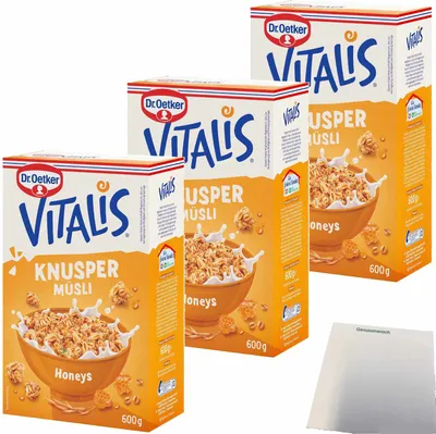 Produktbild von Dr. Oetker Vitalis Knusper Müsli Honeys 3er Pack (3x600g Packung) + usy Block